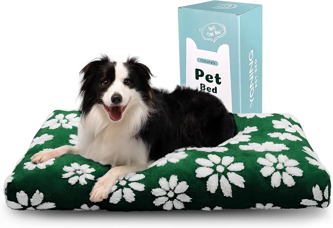 Cute Fluffy Dog Beds for Large Dogs, 35"x 22", Green Flower | Thick Dog Bed for Crate Kennel, Pet Bed with Removable Washable Cover, Anti-Slip Bottom by Yaning