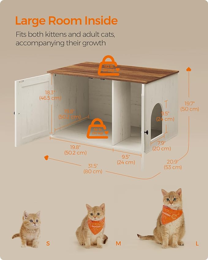 Feandrea Cat Litter Box Enclosure, Litter Box Furniture Hidden with Removable Divider, Indoor Cat House, End Table, 31.5 x 20.9 x 19.7 Inches, Honey Brown and Rustic White UPCL002P01 - Image 6