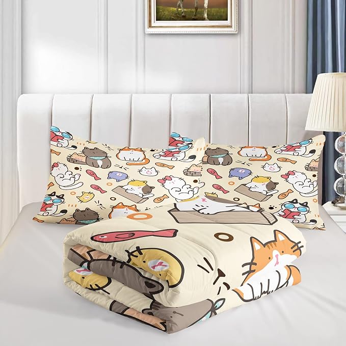 QOOMO Kawaii Cat Comforter Full,Kawaii Animals Comforter Set for Kids Teens Girls,3Pcs Bedding Set Printed Comforter with 2 Pillowcases,Down Alternative,Soft and Lightweight，Full Size - Image 4