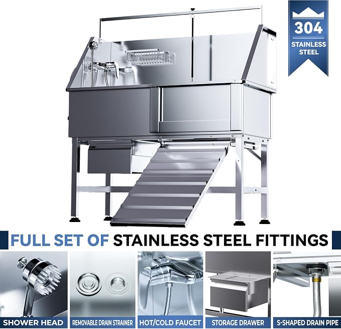 46" Dog Washing Station for Home,Stainless Steel Professional Dog Bathing Station Height Adjustable D og Grooming Tub Ramp, Drawer, Floor Grate & Fauct (R Ramp) - Image 2