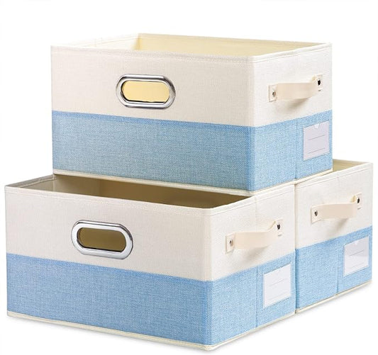 PRANDOM Large Fodable Storage Baskets for Closet [3-pack] Decorative Fabric Storage Bins Cubes with Leather/Metal Handles for Shelves Bedroom Living Room Blue&Cream (14.9x9.8x8.3 Inch) by Prandom
