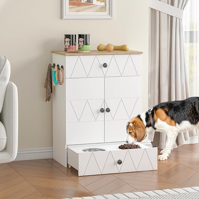 Pet Feeding Station with Storage, Raised Dog Bowls, Pet Feeder Cabinet, with Adjustable Shelves, Rolling Drawer, Hooks, for Feeding & Watering Supplies (Light) - Image 7