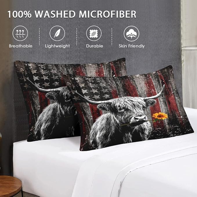 WeCozy Queen Size Bed Sheet Sets with Pillowcases, Highland Cow Animal 4 Pcs Soft Microfiber Bedding for Kids and Adults, Farm Bull American Flag Flat, Fitted Sheet for Bedroom Bed Decor - Image 7