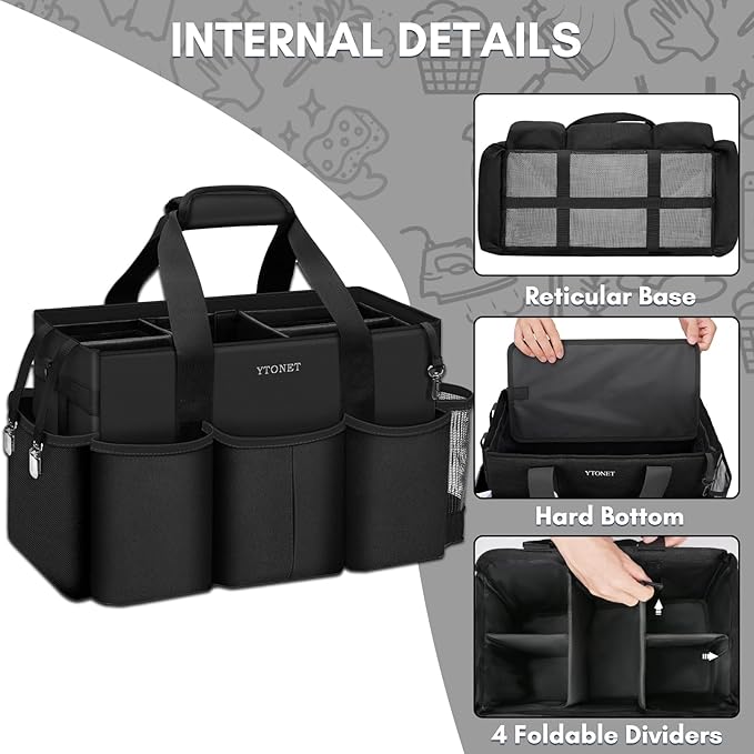 Ytonet Extra Large Cleaning Caddy Bag with 4 Foldable Dividers, Wearable Cleaning Caddy Organizer with Handle & Shoulder Strap & Waist Strap, Housekeeping Tote for Cleaners, Black Grey - Image 4