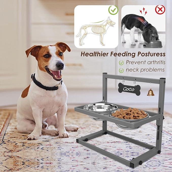 SHAINFUN Elevated Dog Bowls - Raised Stand with 2 Stainless Steel Bowls, Adjustable Height Feeder for Small and Medium Dogs, Puppies, Cats - Grey - Image 2