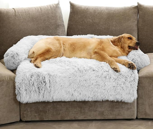 Calming Dog Bed Fluffy Plush Dog Mat for Furniture Protector with Removable Washable Cover for Large Medium Small Dogs and Cats (Extra Large (53x39.3x6), Light Grey) by GGIB