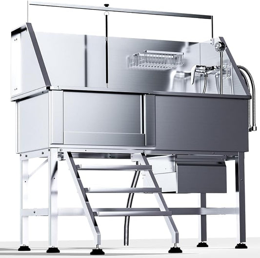 46" Dog Washing Station for Home,Stainless Steel Professional Dog Bathing Station Height Adjustable D og Grooming Tub Ramp, Drawer, Floor Grate & Fauct (L Stair) by RUDCXDY