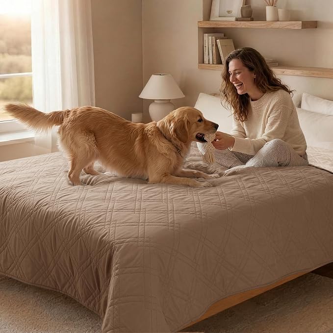 100% Waterproof Dog Bed Cover Pet Blanket(35"x71"),7-Layer Reversible Washable Sofa Couch for Furniture Car (Taupe+Apricote) - Image 8