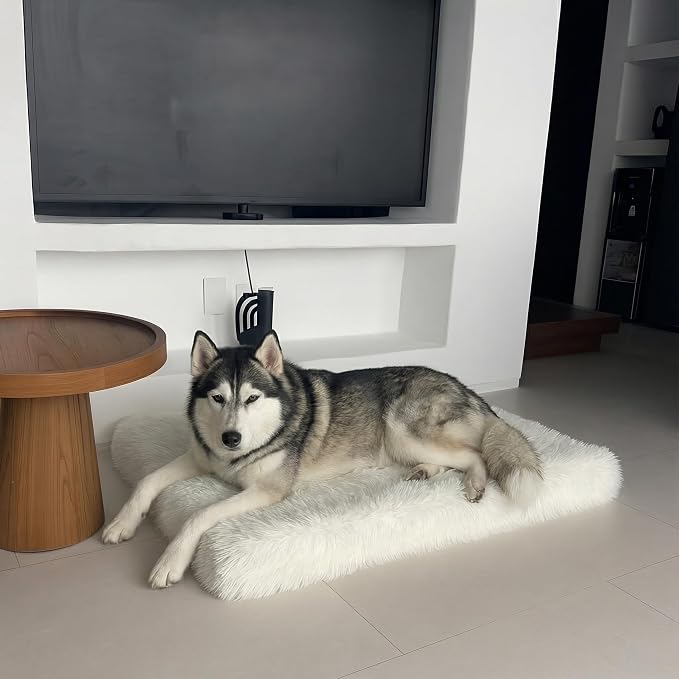 Faux Fur Orthopedic Rectangular Dog Bed, Memory Foam, White Large 41"x27" | Plush Sheepskin Style Furry Rug, Calming for Senior and Large Dogs, Washable Waterproof Cover, Fits Crates and Floors - Image 5