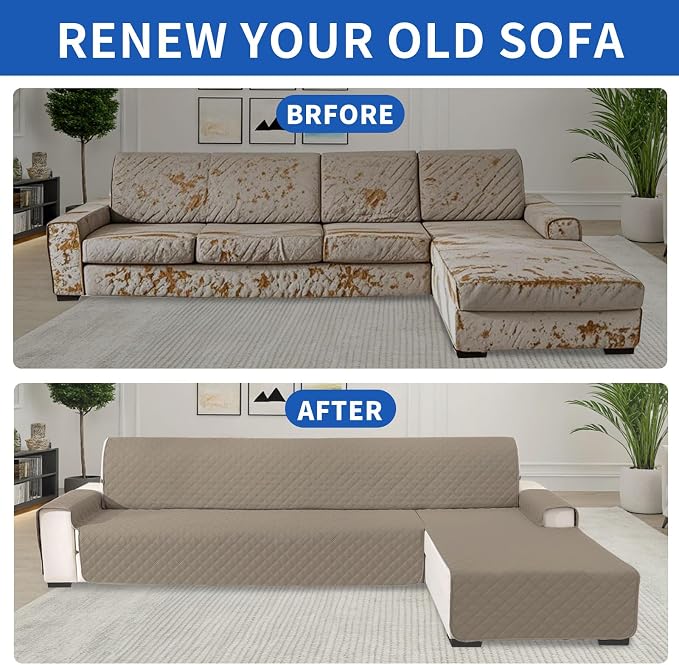 Waterproof Sectional Couch Covers for Dogs, Reversible L Shaped Couch Cover, Chaise Lounge Cover for Sectional Sofa, Sofa Covers Washable Sectional for Pets Dog Cat (Small, Khaki) - Image 7