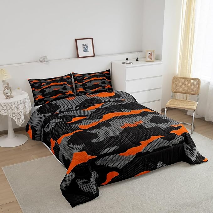 Erosebridal Army Camouflage Comforter Set King Size Teens Adult Camo Bedding Set for Kids Boys Girls Colorful Pattern Decor Down Comforter Orange Black Grey Duvet Set Geometric Pattern Quilt Set - Image 3