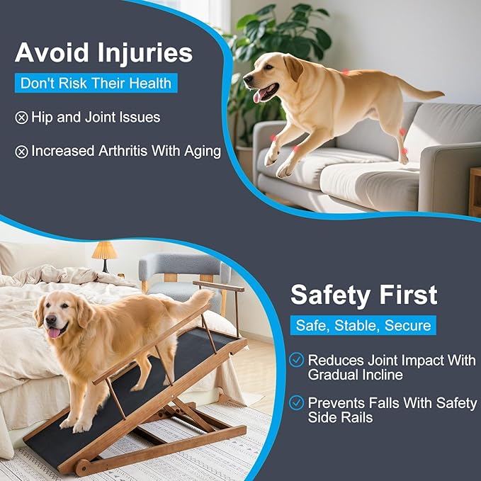 Dog Ramp for Bed and Couch- 5 Height Adjustable Premium Solid Wood Pet Ramp for Small, Medium Dogs, Collapsible Anti-Slip Dog Ramp for Sofa, Couch & Beds (Brown, 115)