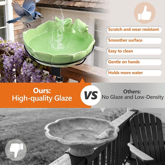 Glazed Ceramic Bird Bath for Deck Railing, 11 Inch Outdoor Bird Feeder Bowl with Adjustable Clamp, Easy Install Balcony/Patio Birdbath for Outside Garden Backyard Decoration, Green - Image 8