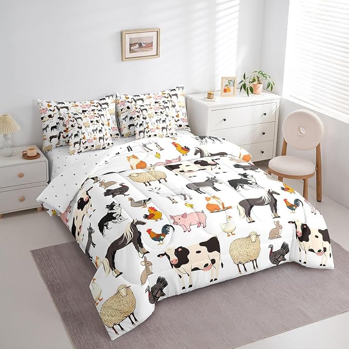 Erosebridal Queen Size Farm Animal Comforter Set with Sheets Boys Girls Cartoon Animals 7 Piece Bedding Sets for Kids Toddler Rustic Farmhouse Bed in A Bag Funny Country Theme Bed Set - Image 3