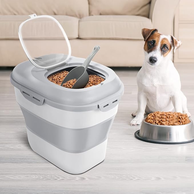 Collapsible Dog Food Storage Container, Airtight Sealed Pet Container with Measuring Scoop & Wheels, 30 lb Large Plastic Cat Containers Bin for Treats, Grey - Image 4