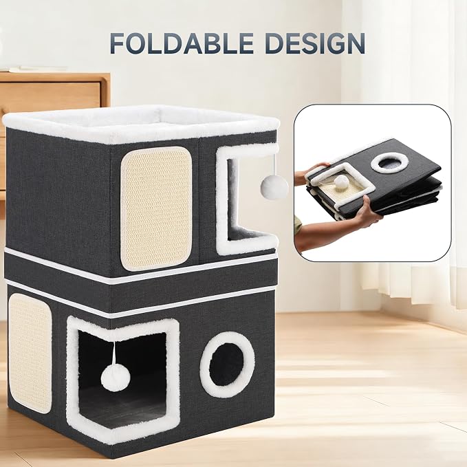 Shikha 2 Story Cat House beds for Indoor Cats with Scratch Pads Black | 2 in 1 Dual Use Double Cat Bed Cave for Multiple Pets Kitten, Elevated Perch for a Wide View, All Season Reversible Cushion - Image 7