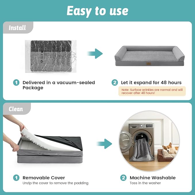 COZY KISS Orthopedic Dog Beds for Large Sized Dog, XL Bolster Pet Couch with Waterproof Lining, Egg Crate Foam Sofa for Pets Up to 100 lbs, U-Shaped, 44x32x7 inch, Grey - Image 7