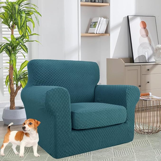 YEMYHOM Latest Checkered 2 Pieces Chair Covers for Living Room High Stretch Thickened Chair Slipcovers with Arms Anti Slip Elastic Armchair Sofa Couch Slipcover Protector (Teal), 31"-46"(1 Cushion) - Image 2