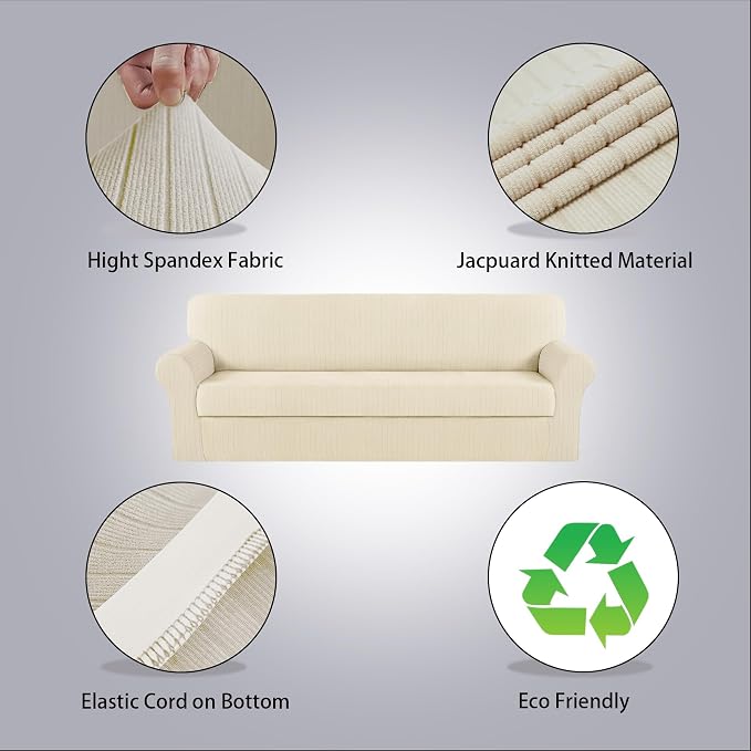 Oversized Sofa Cover Stretching Skid Resistance Couch Cover for Pets Washable, Thick and Durable Soft High Spandex Striped Pattern Sofa Covers (Oversized Sofa, Ivory) - Image 2