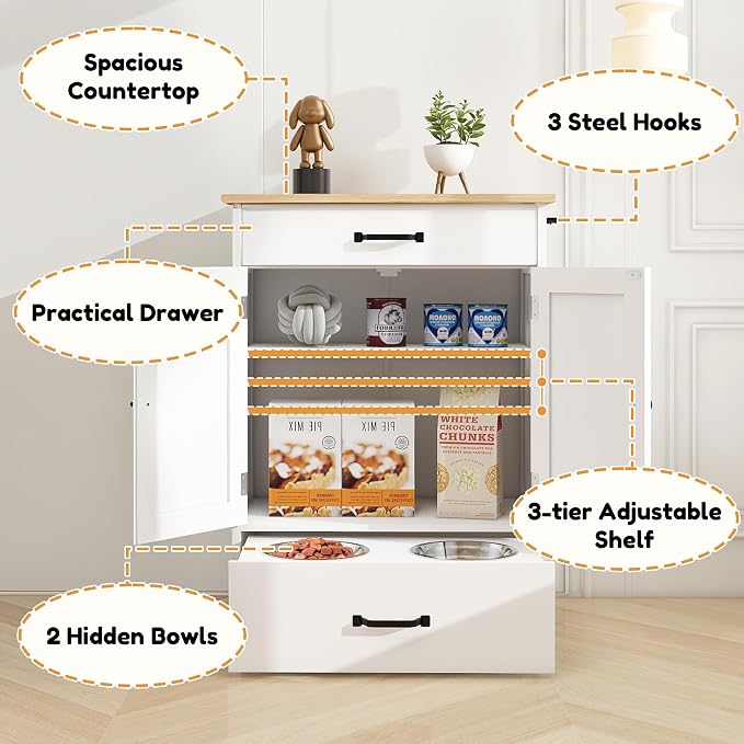 Dog Feeding Station Food Storage with 2 Elevated Stainless Bowls White Wood | Pet Organizer Cabinet With Adjustable Shelf Sliding Drawer Hidden Feeder ,Toy Organization Container for Cats & Dogs - Image 3