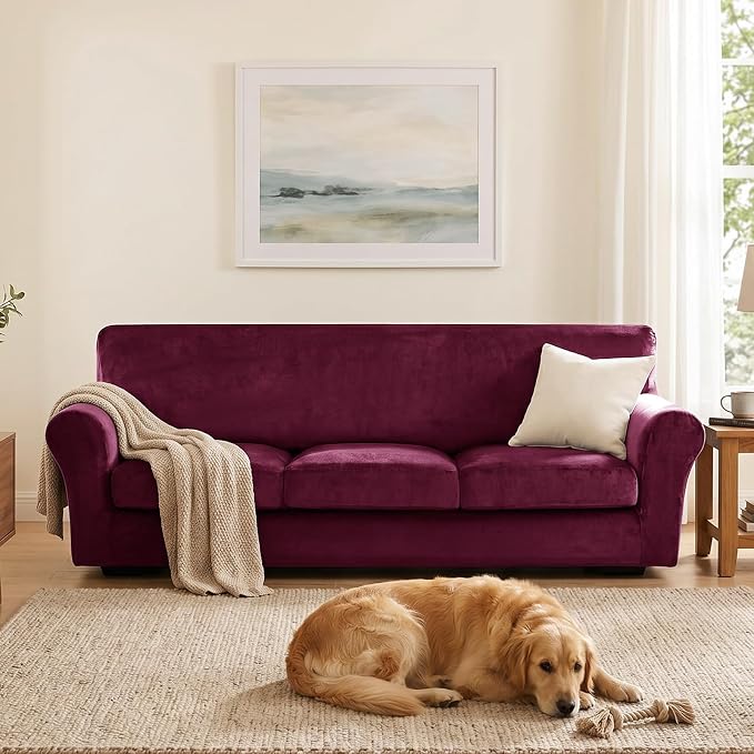 XINEAGE 4-Piece Velvet Oversize Sofa Cover, Couch Covers for Dog,Wine Red | 3 Cushion Large Sofa,Stretch Non-slip Elastic, Pet-friendly, Washable, Fast Setup, Soft Plush Fabric, Furniture Protector. - Image 4