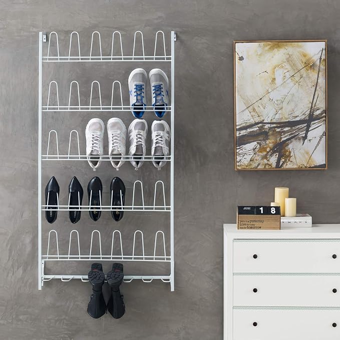 MyGift Matte White Metal Wall Mounted Shoe Rack, Holds 18 Pairs | Modern white metal wall shoe rack stores up to 18 pairs of shoes and boots while saving closet, mudroom, and entryway storage - Image 3