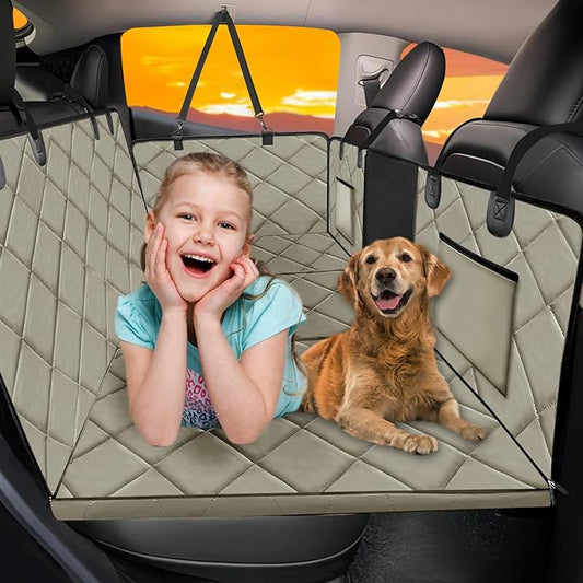 Back Seat Extender for Dogs-Large Space, Dog Car Seat Cover Hard Bottom Holds 420lbs, Sturdy Backseat Extender for Dogs, Upgraded Waterproof Pet Car Bed Dog Hammock for Car SUV, Truck Khaki by ROUWINNE