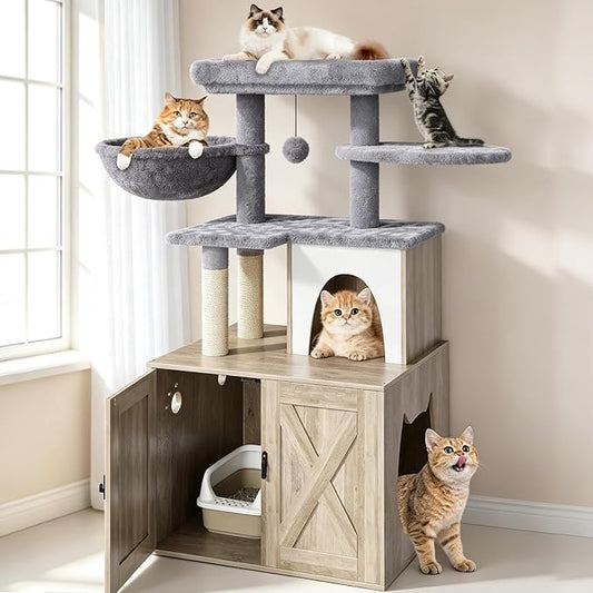 HavenlyYouth Litter Box Enclosure with Cat Tree,Cat Tree with Litter Box Enclosure,Hidden Pet Washroom Furniture with Sisal Scratching Post,Hammocks,Condo,Multiple Platform,Soft Plush Perch, Grey by HAVENLYYOUTH