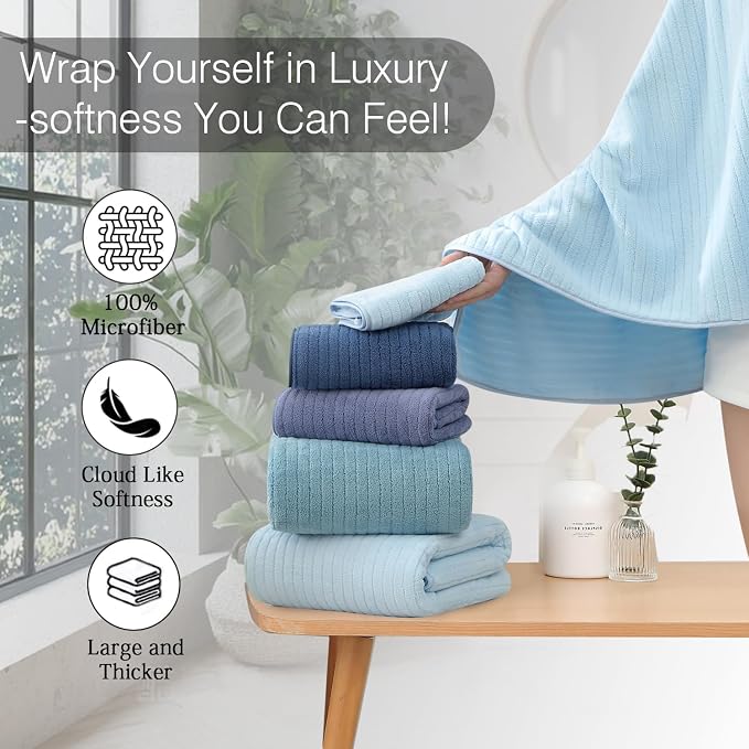 Hailea 18 Piece Family Bath Towel Set Include 6 Bath Towels,6 Hand Towels and 6 Washcloths Soft Bathroom Towel with Hanging Loops,Highly Absorbent Quick Dry Towels Set for Bathroom,Hotel and Spa-Blue - Image 5
