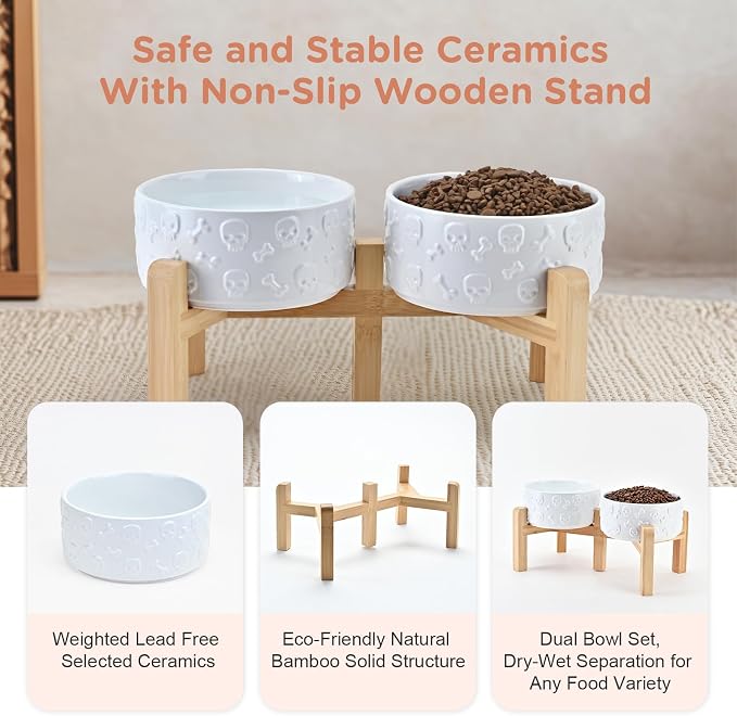 SPUNKYJUNKY Elevated Dog Bowls Ceramic, 6.1'' Dogs and Cat Food Water Bowls Raised with Non-Slip Bamboo Stand for Medium Sized Breed Microwave Dishwasher Safe - 28.7 OZ,Skull White - Image 6