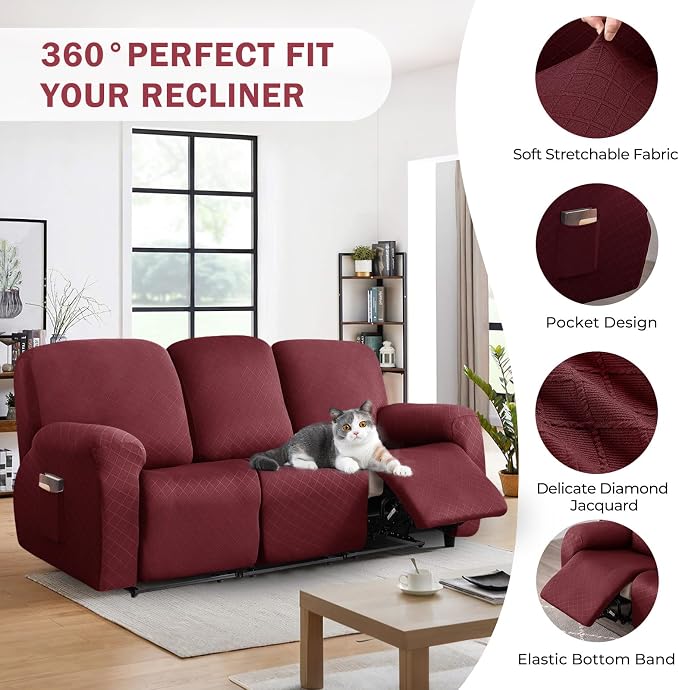 vctops Diamond Recliner Sofa Covers 8-Pieces Stretch Large Couch Covers for 3 Seats Reclining Slipcovers Soft Solid Furniture Protector (Wine Red,3 Seat) - Image 4