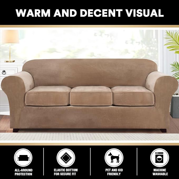 PrinceDeco Velvet Couch Covers for Sofa Soft 4 Pieces Couch Covers for 3 Cushion Couch Sofa Pet Friendly Furniture Protector with Non Slip Elastic Bottom Width Up to 97 Inch (Large Sofas, Camel) - Image 6