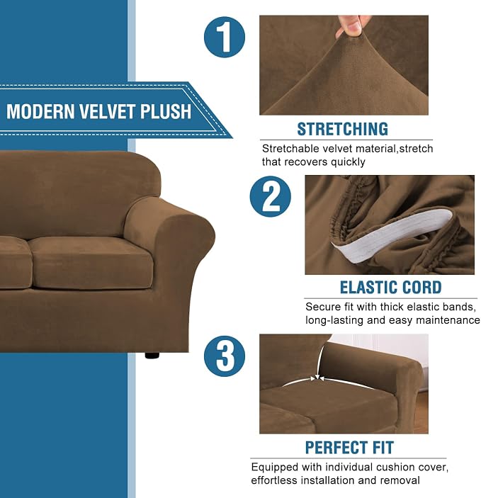 H.VERSAILTEX Rich Velvet Stretch 2 Piece Cover Chair Slipcover Sofa Cover Furniture Protector Couch Soft with Elastic Bottom Chair Couch Cover Width Up to 49 Inch (Chair, Bronze Brown) - Image 3