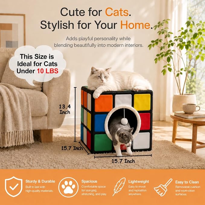 Cat Condo House with Reversible Cushions and Fluffy Ball Hanging, Foldable Magic Cube, Large Cave Bed for Indoor Cats, Unique Puzzle Shape 15.7“ x 15.7" x 13.4” - Image 6