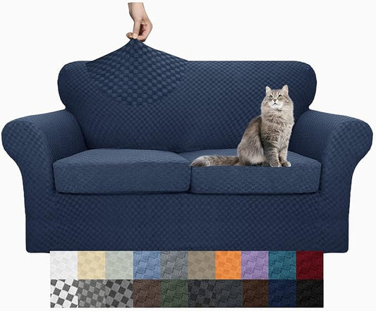 YEMYHOM Latest Checkered 3 Pieces Couch Covers for 2 Cushion Couch High Stretch Thickened Love Seat Sofa Cover for Dogs Pets Anti Slip Elastic Loveseat Slipcover Protector (Navy), 55"-69"(2 Cushions) by YEMYHOM