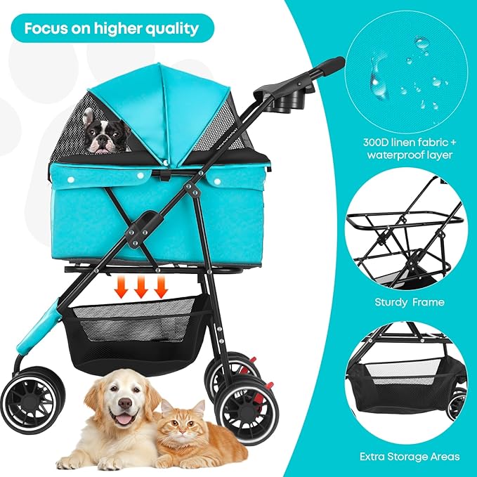 Pet Stroller,Dog Stroller for Small Medium Dogs Cats,3 Wheels,Foldable,with Breathable Mesh Canopy,Cup Holders,Easy Assembly,Mint Green