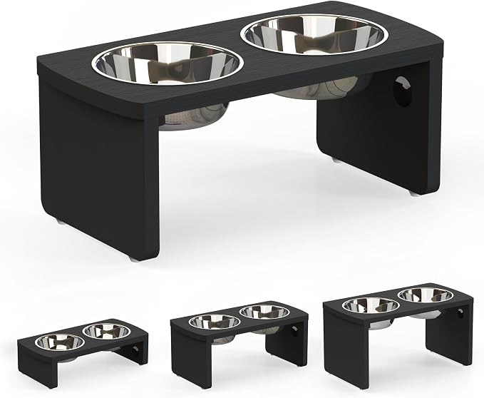Elevated Dog Bowls, Waterproof Raised Dog Bowl for Medium Dogs, HIPS Poly Lumber Stand with 2 Stainless Steel Bowls, Indoor & Outdoor Use (7'' Tall-40 oz Bowl, Black) by JoyoPawFamily