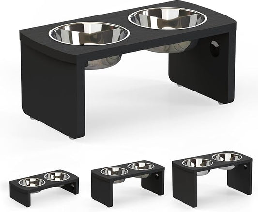 Elevated Dog Bowls, Waterproof Raised Dog Bowl for Medium Dogs, HIPS Poly Lumber Stand with 2 Stainless Steel Bowls, Indoor & Outdoor Use (7'' Tall-40 oz Bowl, Black) by JoyoPawFamily