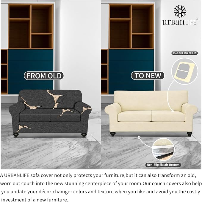 URBANLIFE 3-Piece Stretch Sofa Covers for 2 Cushion Couch, Cream | Super fitted spandex slipcovers for couches. Non-slip elastic bottom. Machine washable furniture protector for kids & pets. - Image 5