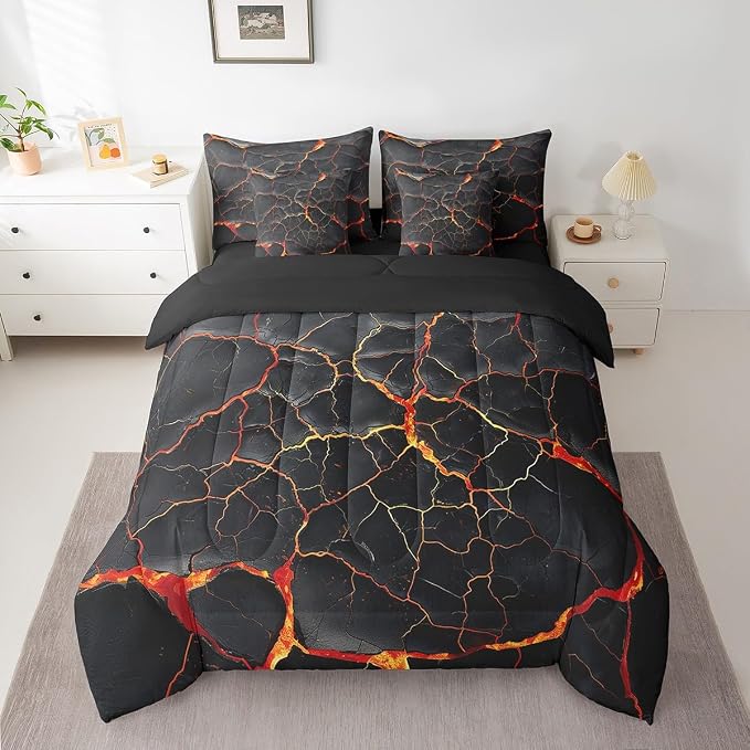 Erosebridal Lightning Comforter Sets with Sheets - Black Marble Print Bedding Set Queen for Boys Girls Orange Lava Theme 7Pcs Bed in A Bag Modern Abstract Bed Set - Image 2