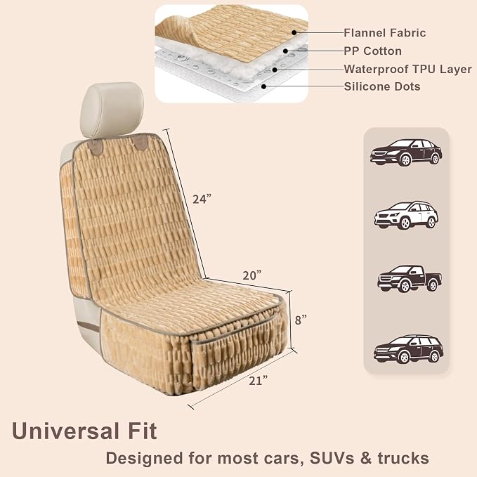 Dog Car Seat Cover Front Seat, Soft Plush Waterproof Protector,Tan | Non-Slip Backing, Side Flaps, Full Coverage, Hair, Dirt & Scratch Defense, Machine Washable, Fits Cars, SUVs & Trucks - Image 6