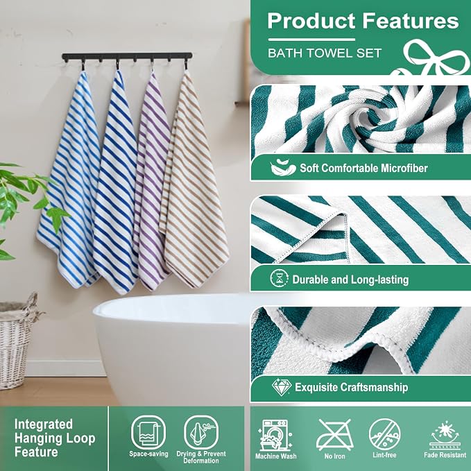 JML Microfiber Beach Towels, 6 Pack, 27" x 55", Cabana Stripe Dark Green | Soft, Absorbent, Quick Drying Lint-Free, No Fading for Summer Party, Pool, Sport, Yoga, Swimming - Image 3