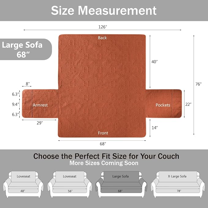 Burnt Orange Sofa Covers with Pockets, Anti-Slip Medallion Couch Covers for 3 Cushion Couch Sofa, Couch Cover for Dogs Water-Repellent Machine Washable (Large Sofa 68", Burnt Orange) - Image 6