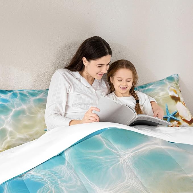 Ocean Comforter Set Twin Beach Bedding Set Coastal Nature Theme Teal Duvet Set Boys Girls Hawaiian Quilt Sets Sea Wave Animals Shell Starfish Reversible Comforter Set 1 Pillowcase, Blue Room Decor - Image 5