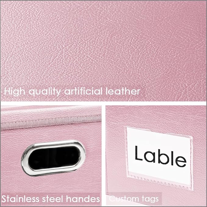 PRANDOM Collapsible Storage Bins with Lids [3-Pack] Leather Fabric Foldable Storage Boxes Organizer Containers Baskets Cube with Cover for Bedroom Closet Office Nursery Pink (14.9x10.8x10) - Image 4