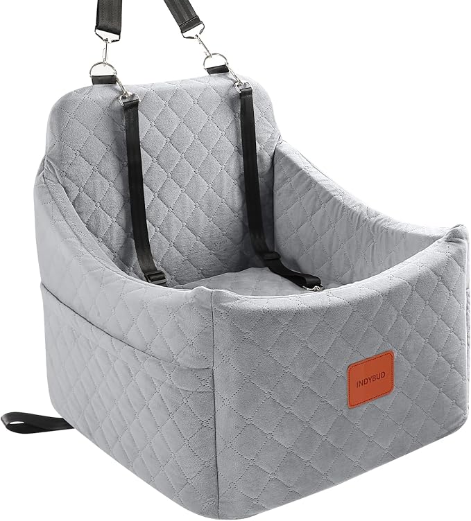 Dog Car Seat for Small/Medium Dogs up to 35 lbs, Memory Foam Pet Booster Seat with Detachable Washable Cover, Portable Pet Bed for Cars with Safety Belts and Storage Pockets(Grey, Medium) by INDYBUD