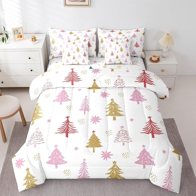 Erosebridal Merry Christmas Bedding Set King Cartoon Pink Christmas Comforter Set 7 Piece Kids Cute Xmas Tree Bed in A Bag for Adults Winter New Year Gift Quilt with Flat Fitted Sheet by Erosebridal