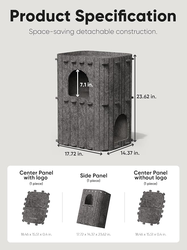 FUKUMARU Cat House for Indoor Cats, Warm Felt Cat Bed, Scratch Resistant | Large Cat Bed Cave, 3-in-1 Cat Condo, Cozy Felt Covered Cats Tunnel, 23.62 Inch Kitten Hideaway for Multicats, Dark Grey - Image 8