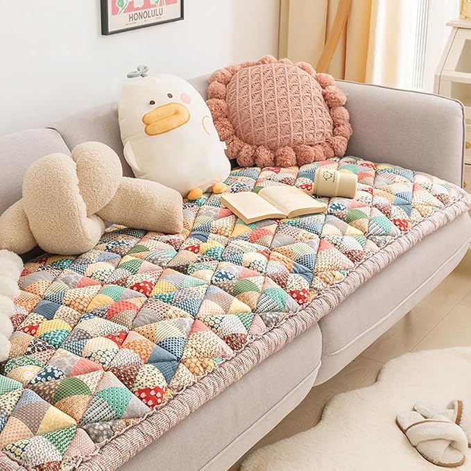 vctops Bohemian Patchwork Cotton Quilted Sofa Couch Cover Floral Pattern Sectional Couch Cover for Living Room Non Slip Soft Floor Mat Chair Seat Cushion(Pattern A,24"x71") - Image 3