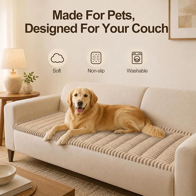 decorUhome Couch Cover for Dogs, Non Slip Fuzzy Thick Pet Sofa Protector | Pet Friendly, Machine Washable, Fits 4-Cushion Sofa, Protects Against Pet Hair, Scratches & Daily Messes, Khaki, 27.6" x 88" - Image 12
